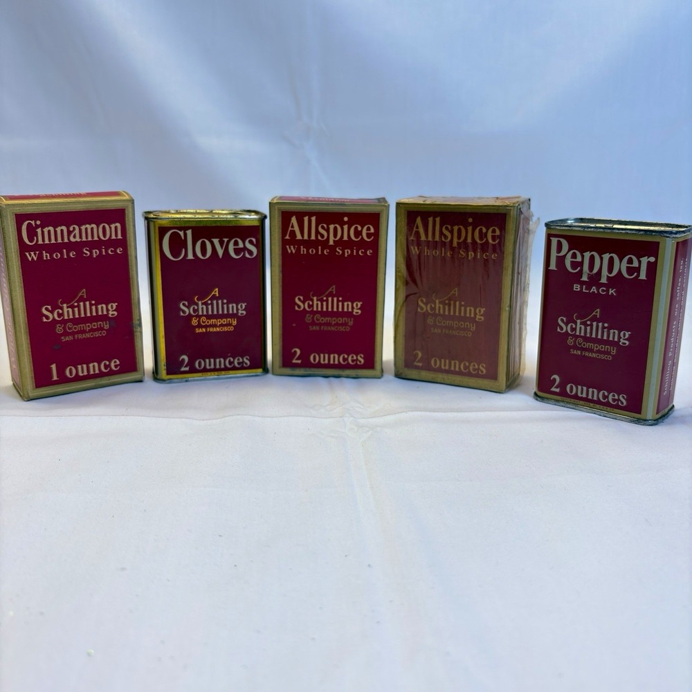 Schilling & Company Red/Gold Spice Advertising Tins Lot of 5: Cinnamon, Cloves